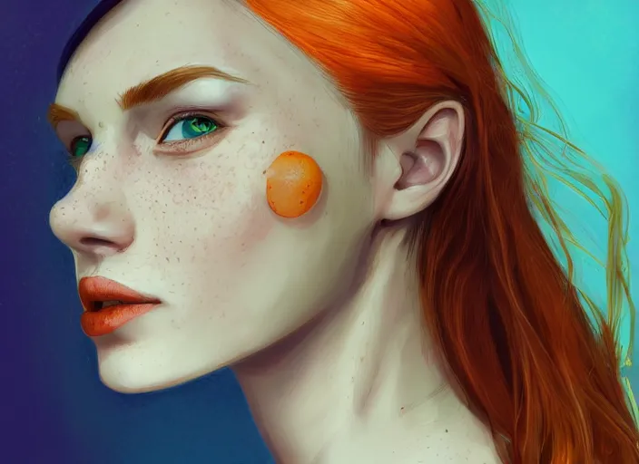 Prompt: portrait of a beautiful smiling girl with orange hair and freckles, green eyes, highly detailed, digital painting, style by Gretel Lusky, artstation, concept art, smooth, sharp, focus, illustration. background is purple