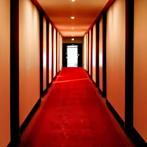 Prompt: an erie hotel corridor with red carpet, at the end of the corridor the light comes from a window, dust particles in the air