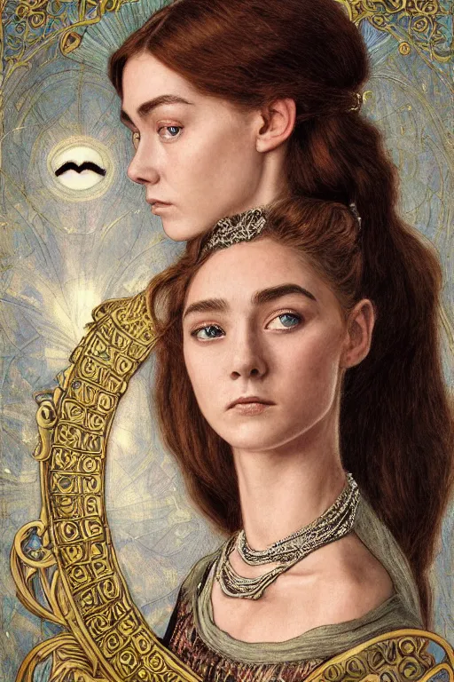 Prompt: a full body art nouveau portrait of a 16-year old sun goddess who resembles Audrey Hepburn and Saoirse Ronan with a worried, intense gaze and slightly opened mouth, ornate intricate iridescent mother-of-pearl jewelry, intricate, elegant, highly detailed, digital painting, artstation, concept art, smooth, sharp focus, illustration, art by John William Waterhouse and Bouguereau and Donato Giancola and alphonse mucha