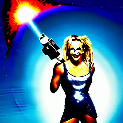 Image similar to of a great movie poster of britney spears as a hero sci fi space cosmonaut holding a raygun in a nice action pose, there is an explosion on the background of a space station shaking britney's hair and lighting her with a rim light, she is laughing, opps i did it again, f 2. 8, advertising lighting,