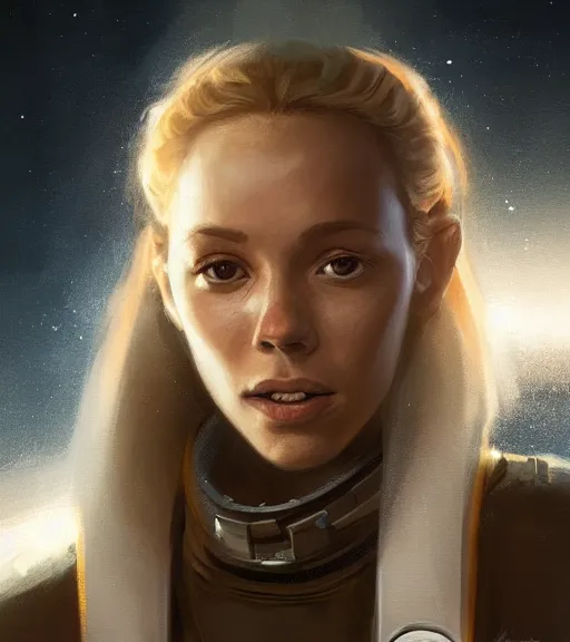 Image similar to portrait of a madeleine mantock from the tomorrow people by greg rutkowski, she is about 3 0 years old, slavic, pretty, blond hair with two strans around her face, she is wearing a futuristic space gear, highly detailed portrait, digital painting, artstation, concept art, smooth, sharp foccus ilustration, artstation hq.