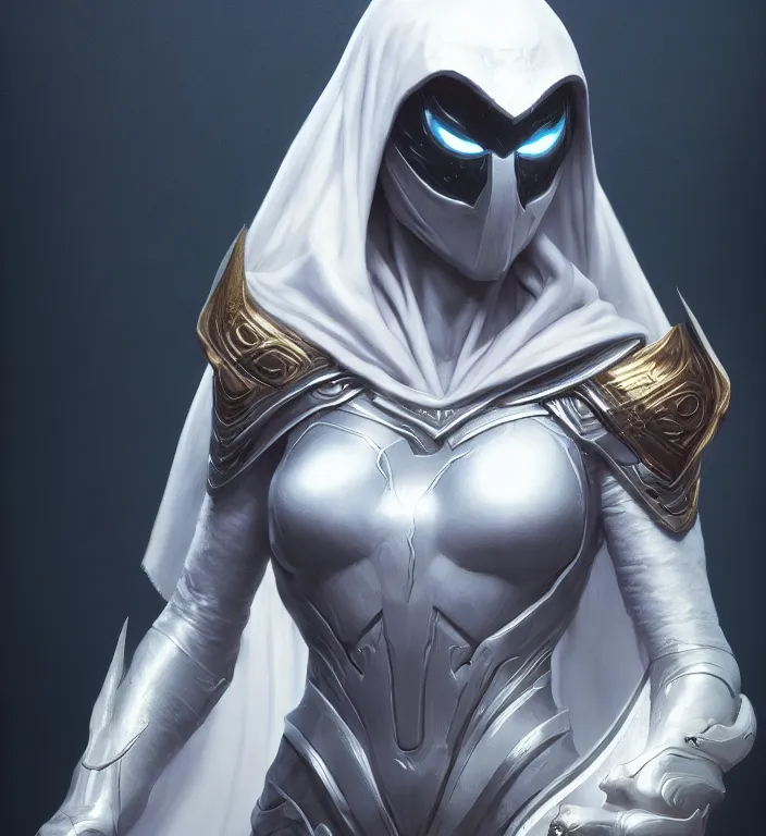 Image similar to female moon knight, hyper detailed, digital art, trending in artstation, cinematic lighting, studio quality, smooth render, unreal engine 5 rendered, octane rendered, art style by klimt and nixeu and ian sprigger and wlop and krenz cushart