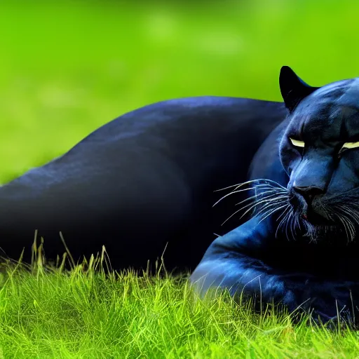 Prompt: a black panther sleeping on green moonlit grass at night, 4 k, hd, realistic