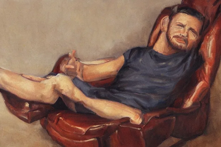 Image similar to a oil painting painting of a caucasian man relaxing on a brown reclined leather chair