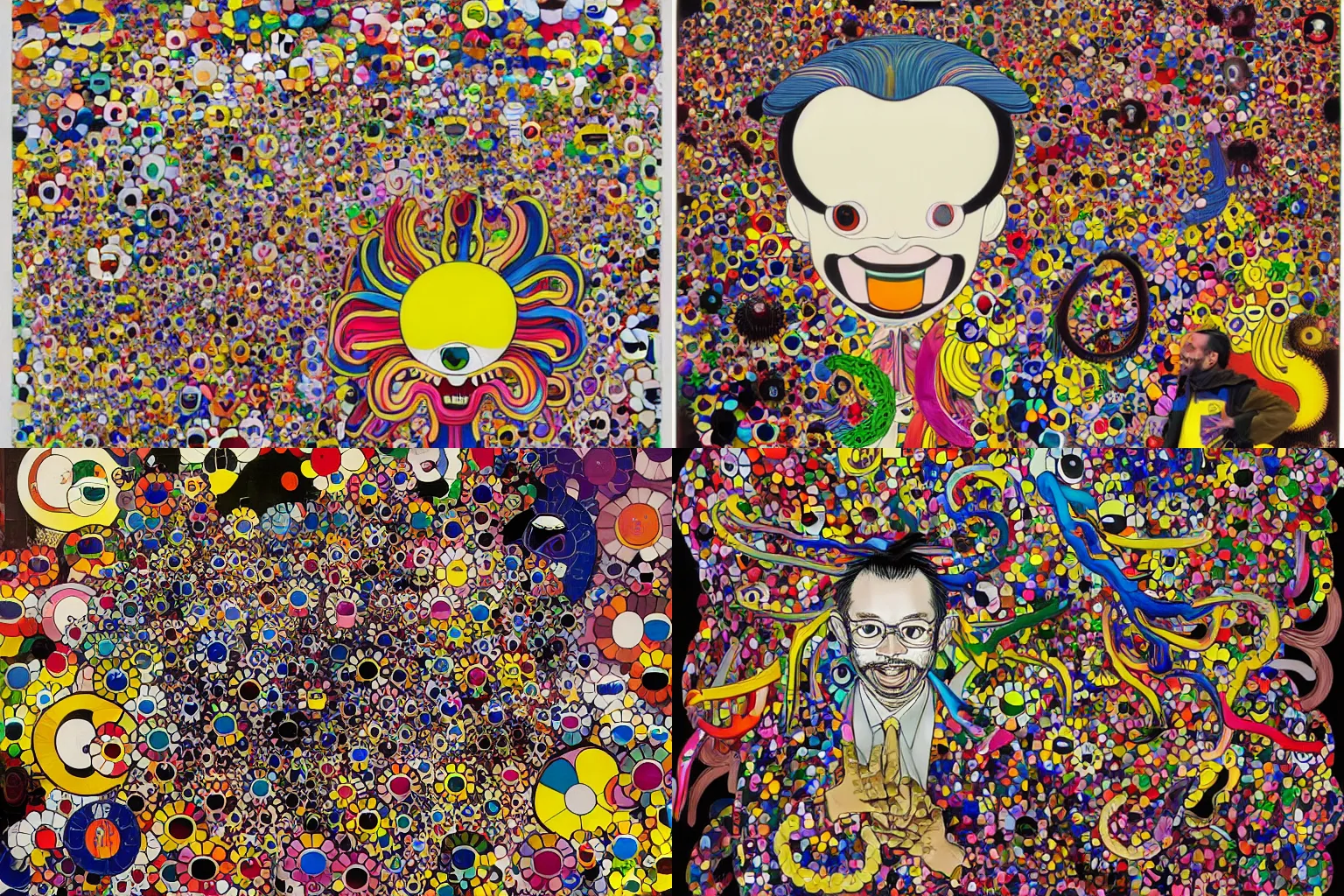 Prompt: the portrait of Mr. DOB by takashi murakami, large black smile, A collage of multicolor starbursts and biomorphic forms, Vivid tentacles, a raving and chaotic creature, painterly spectacle of technical precision and cinematic bombast, virtually no peer or precedent, illustration