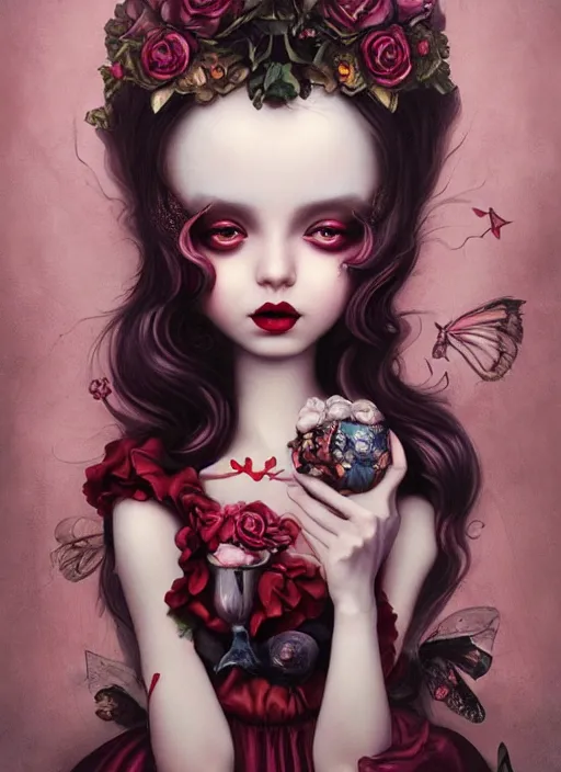 Prompt: pop surrealism, lowbrow art, realistic cute seductive alice girl painting, romantic gown, hyper realism, muted colours, rococo, natalie shau, loreta lux, tom bagshaw, mark ryden, trevor brown style,