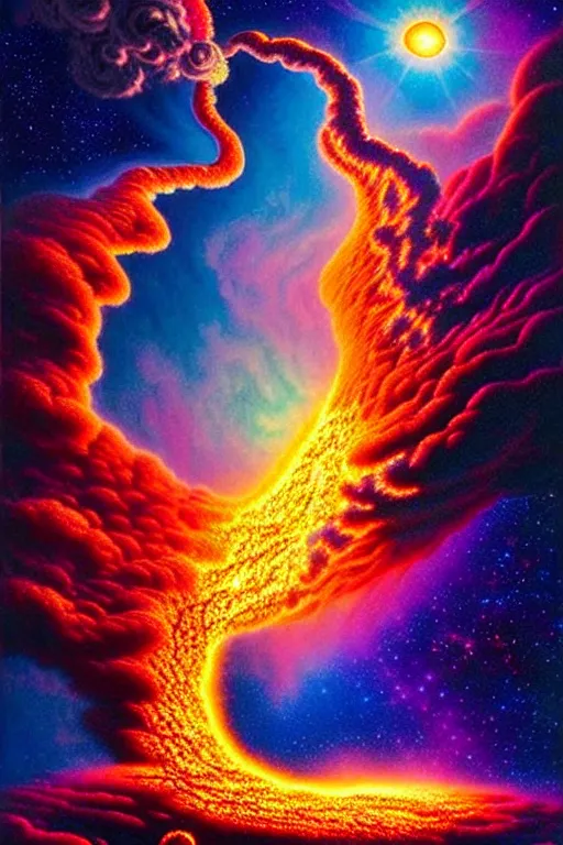 Prompt: a photorealistic detailed image of a beautiful vibrant iridescent lava like flowing clouds opening a gateway to intergalactic skies and alien planets, spiritual science, divinity, utopian, by david a. hardy, hana yata, kinkade, lisa frank,