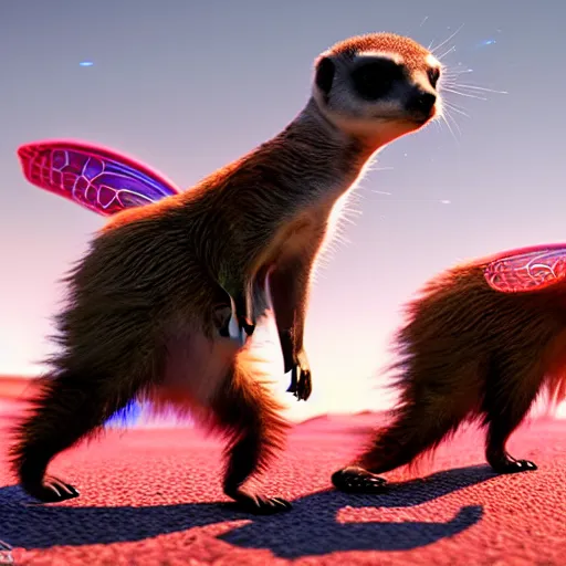 Image similar to neon fluorescent, iridescent cute meerkats with fairy wings cyperpunk 2 0 7 7, unreal engine 5, 8 k ultra realistic, hyperdetailed, volumetric lighting, extremely high quality