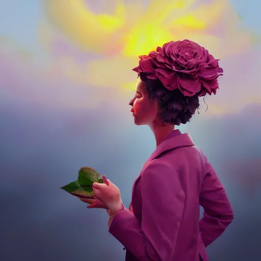 Image similar to closeup, large rose flower head, frontal, girl in a suit, surreal photography, sunrise, dramatic light, impressionist painting, digital painting, artstation, simon stalenhag