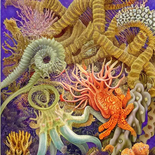 Prompt: hyperrealistic detailed painting of a dragon, with flowers, butterflies, corals, sea kelp, sea plants, starfish, jellyfish, bacteria, skulls, golden filigree, art by ernst haeckel, john william godward, hammershøi, alphons mucha, pontormo, ornamental, decorative, art nouveau pattern, lights by hopper, pastel colours,