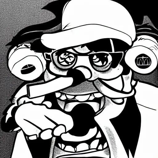 Image similar to Wario in style of fear and loathing in las vegas,black and white