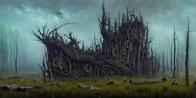 Prompt: painting dreadful forest of burnt and petrified weeping willows in a bog by tomasz alen kopera and cornelius dammrich with futuristic wood castle by eddie jones and simon stahlenhag