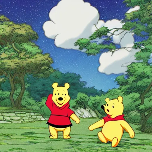 Prompt: winnie the pooh as anime character, ghibli, illustration