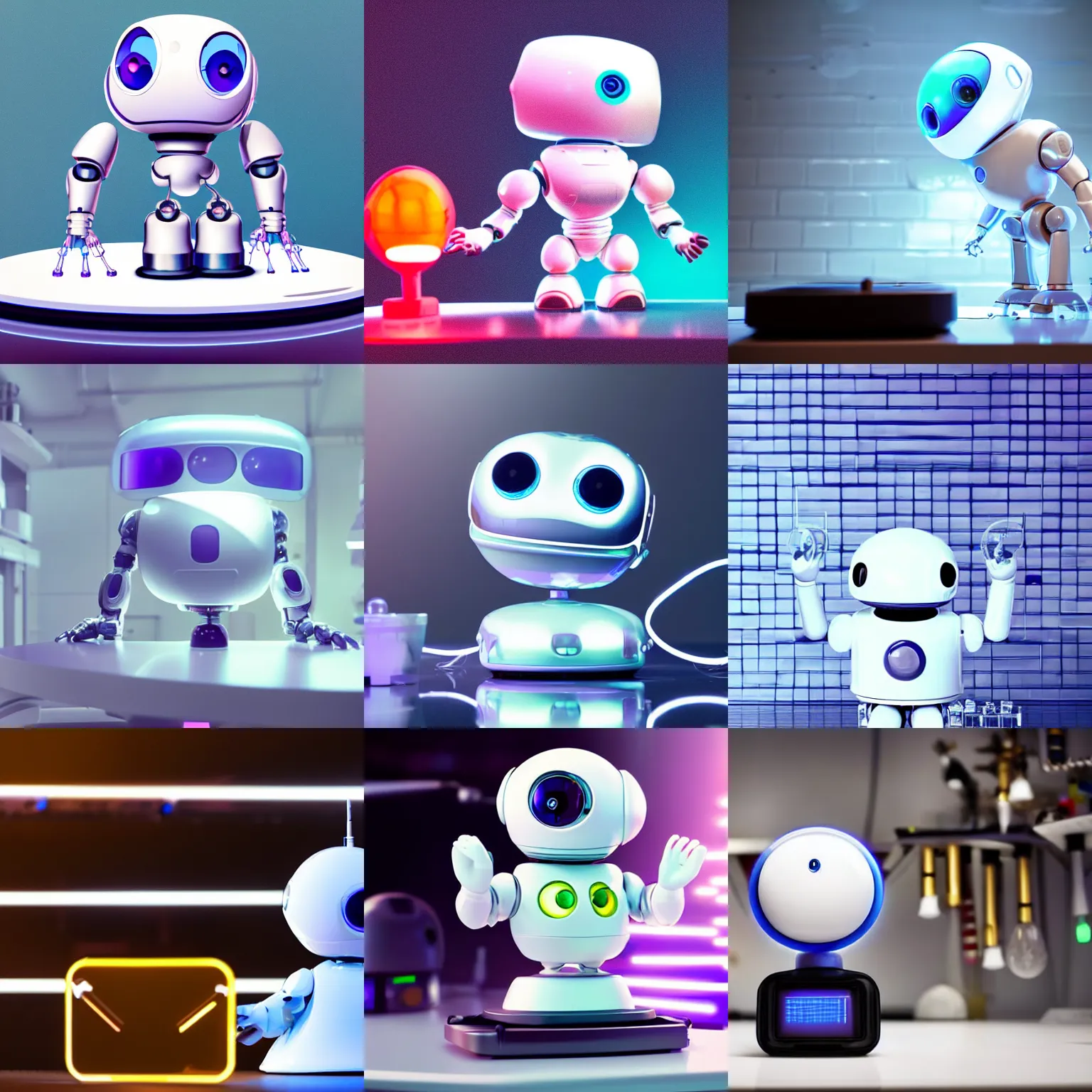 Prompt: a cute rounded tiny robot looking up to the camera in awe, made out of shiny white metal, standing on a lab table surrounded by lab tools, photograph, white neon lighting, pixar style, futuristic, science fiction