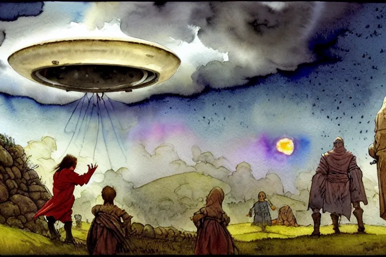 Prompt: a hyperrealist watercolor concept art of a scary ufo in the sky above a small medieval town during a thunderstorm. a dirty medieval peasant child is in the foreground pointg up at the sky. very muted colors, by rebecca guay, michael kaluta, charles vess. high detail, hq, wide shot, 4 k