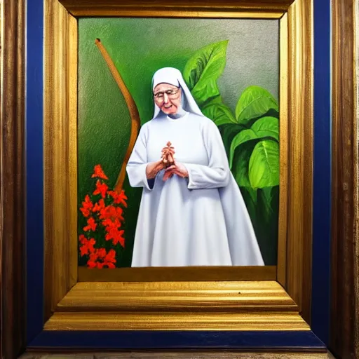 Image similar to oil painting of a nun flanked by brugmansia suaveolens flowers