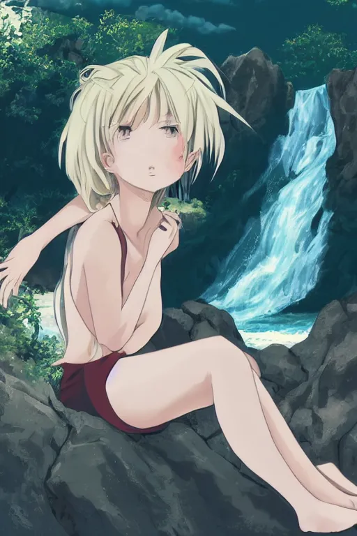 Image similar to anime art full body portrait character concept art, anime key visual of elegant young female, platinum blonde, large eyes, finely detailed perfect face delicate features directed gaze, laying near waterfall, arms crossed behind head, trending on pixiv fanbox, studio ghibli, extremely high quality artwork