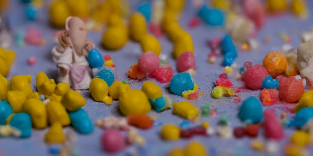 Image similar to a cinematic film still of a claymation stop motion film about a town made of lemons and candy, shallow depth of field, 8 0 mm, f 1. 8