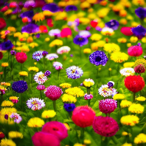 Image similar to In focus colorful flowers blossoming, climax, overwhelming, brilliant, surreal, cinematic, epic, 8k, sharp focus, color grain 35mm, tilt-shift, dslr