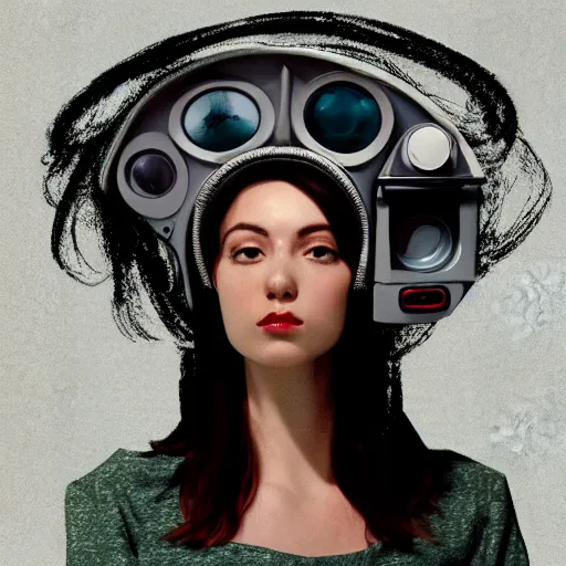 Prompt: a woman with a television on her head, digital art, trending on artstation