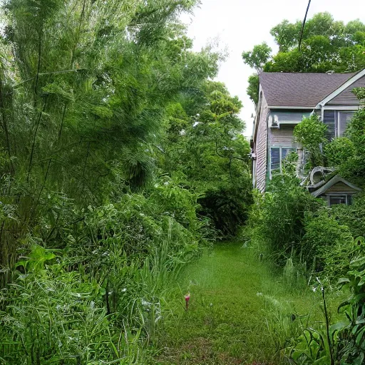 Prompt: poor neighborhood, overgrown, photo taken from a porch
