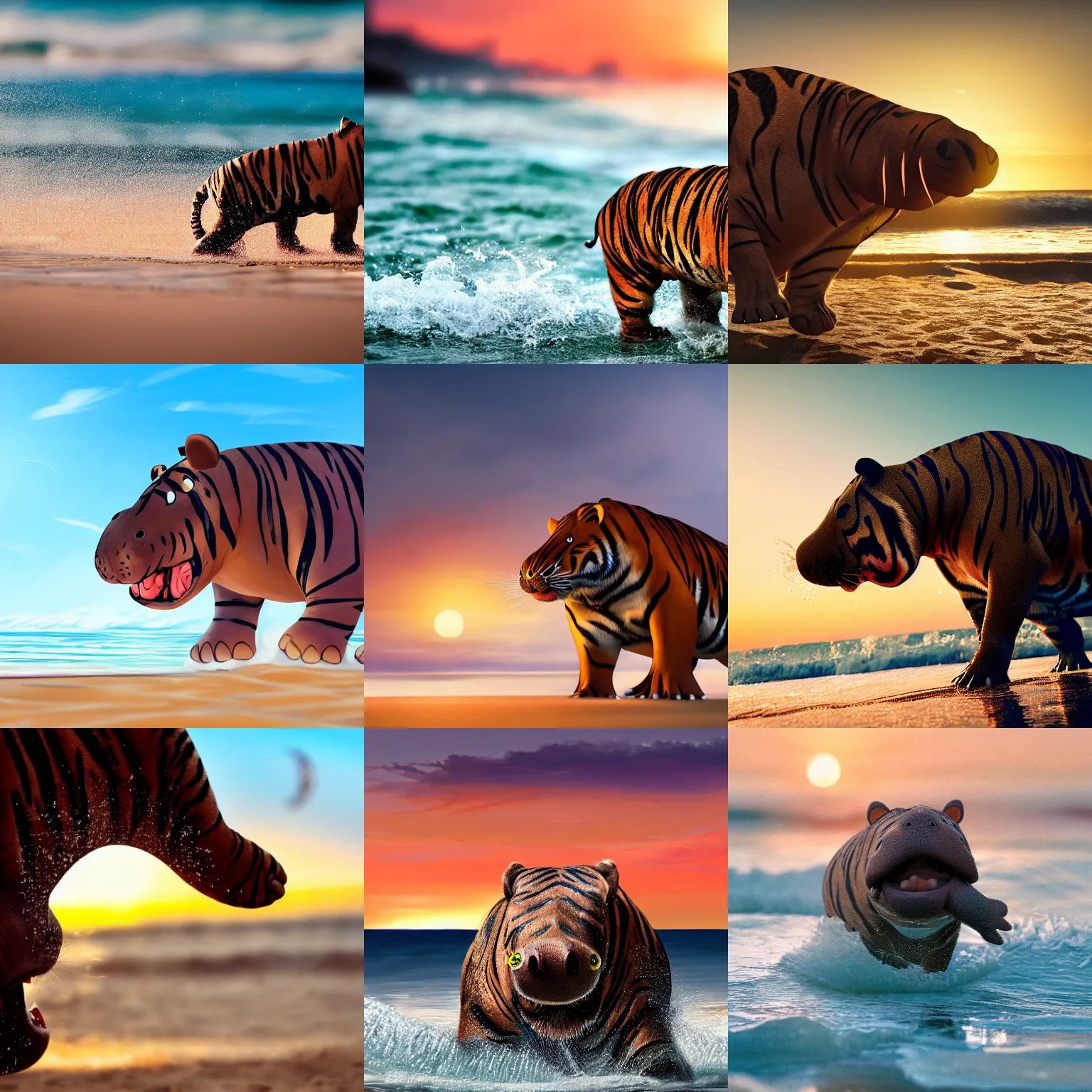 Prompt: a closeup photorealistic photograph of a cute stylish tiger hippo playing volleyball at the beach during sunset. Surf in the background. This 4K HD image is Trending on Artstation, featured on Behance, well-rendered, extra crisp, features intricate detail and the style of Unreal Engine.