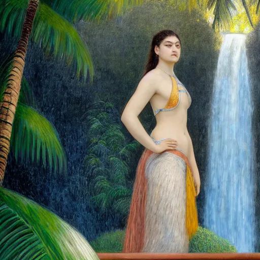 Image similar to a ultradetailed beautiful painting of lorde standing in front of the diamonds waterfall in the amazonas palace balustrade designed by jules bastien - lepage, tarsila do amaral, frank weston and gustave baumann, beach, trending on artstation, mediterranean, palm trees, sharp focus, soft light, 8 k 4 k