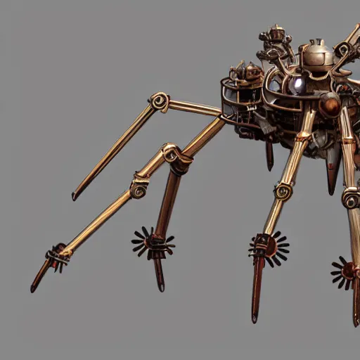 Prompt: 2d game art side view of mechanical steampunk spider, full body view, looking at the side, game character design, articulated joints, detailed, blank background, 8k, octane render, unreal engine