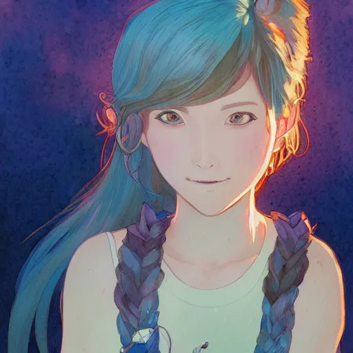 Prompt: a wholesome animation key shot of a blue haired girl with a raccoon tail, studio ghibli, pixar and disney animation, sharp, disney concept art watercolor illustration by mandy jurgens and alphonse mucha and alena aenami, pastel color palette, dramatic lighting