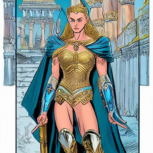 Prompt: Portrait of Queen Hippolyta of Themyscira, a tall, beautiful dignified woman with tanned skin, long blonde hair and blue eyes dressed in hellenistic Greek armour, background is the interior of temple, graphic novel, by Jim Mahfood,