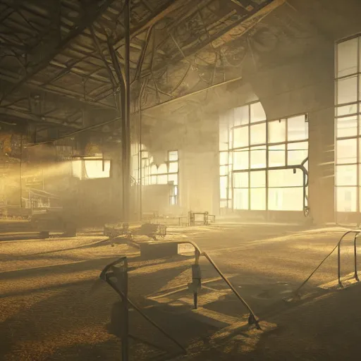 Image similar to abandoned industrial factory interior, volumetric light scattering, dustlight, god rays, dust, digital art, trending on artstation