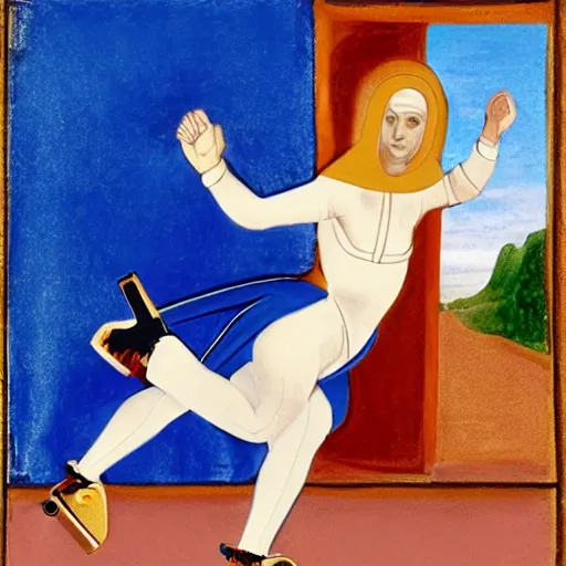 Image similar to blonde nun in blue clothes on roller skates, body shot, in the style of michaelangelo