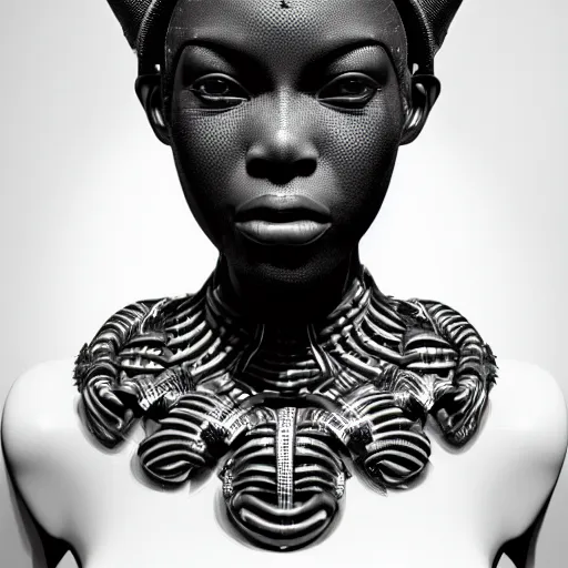 Image similar to portrait of an absurdly beautiful, graceful, sophisticated, fashionable african cyberpunk mechanoid gravure idol, ultrafine hyperdetailed illustration by irakli nadar, matt wisniewski style, marvel comics, intricate linework, ebony skin, neon jellyfish headdress, ivory carved ruff, unreal engine 5 highly rendered, global illumination, radiant light, detailed and intricate environment