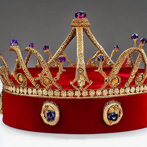 Image similar to a large ornate crown with sapphires and engraved runes, placed upon a crimson altar, photo
