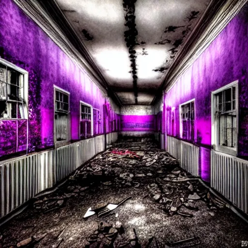 Prompt: unnerving and dark photograph of the inside of an abandoned insane asylum in an alternate horrific purple dimension