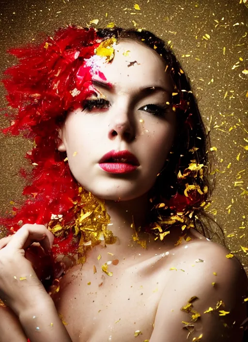 Prompt: a dramatic lighting photo of a beautiful young woman with confetti hair. paint splashes. moody, melanchonic. with a little bit of gold and red