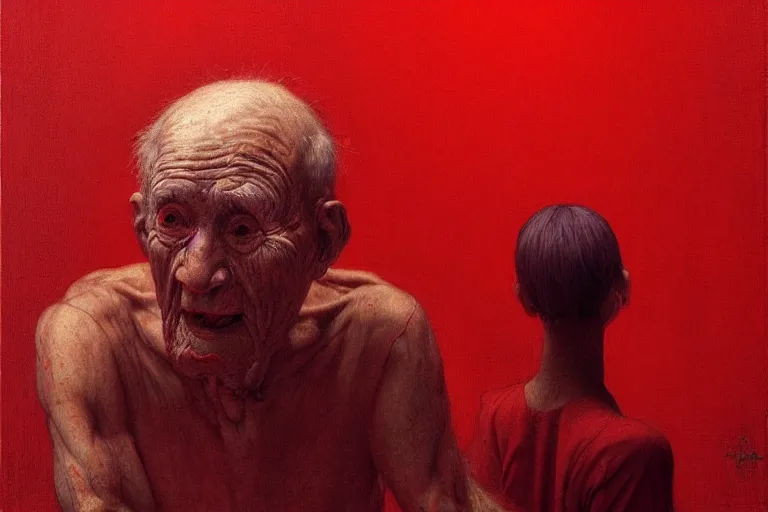 Image similar to only with red, a red old man try to sell a portrait, cheering crowd, in the style of beksinski, parts by edward hopper, parts by rodcenko, parts by yue minjun, intricate and epic composition, red by caravaggio, insanely quality, highly detailed, masterpiece, red light, artstation, 4 k