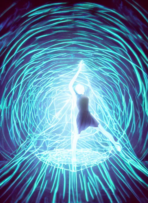 Image similar to symmetrical female ascending, glowing third eye, particle glowing aura, motion blur, film grain, cinematic lighting, experimental film, shot on 1 6 mm, luminol light, in the style of studio ghibli