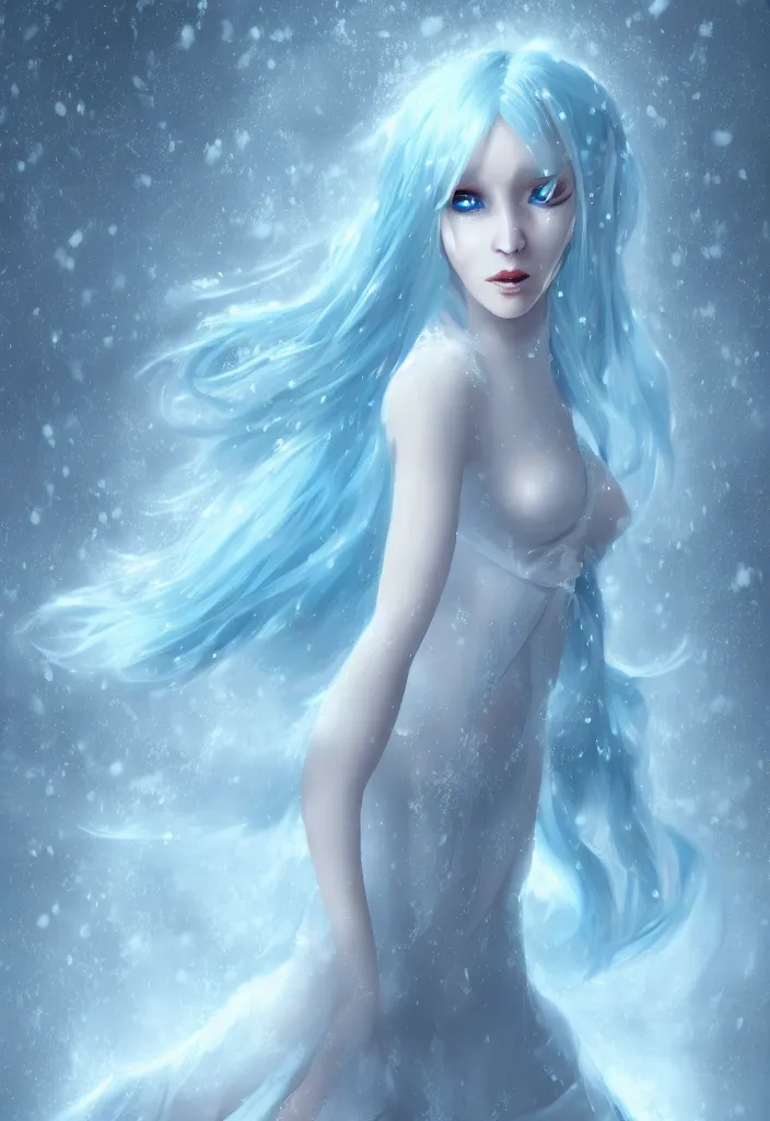 Image similar to full body portrait of a stunningly beautiful woman with pale blue hair wearing a dress made out of snowflake in the middle of a snowstorm. award - winning digital art, trending on artstation