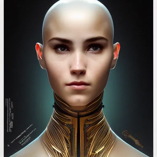 Image similar to headshot of humanoid robot from ex machina, intricate, headshot, highly detailed, digital painting, artstation, concept art, sharp focus, cinematic lighting, illustration, art by artgerm and greg rutkowski, alphonse mucha, cgsociety