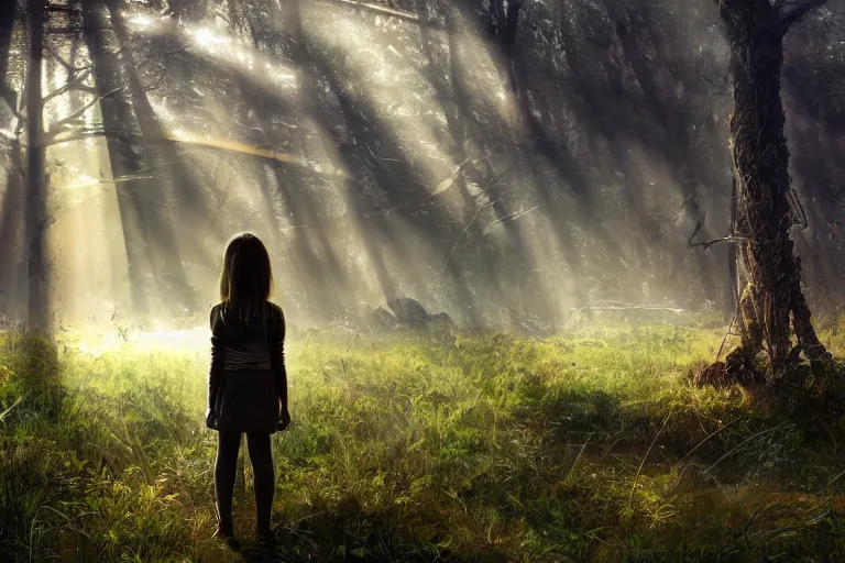 Image similar to the great beyond, sci - fi scene future new york, little girl holding a hand of a big robot, forest punk, crepuscular rays, epic scene, hyper realistic, photo realistic, overgrowth, cinematic atmosphere, ethereal lighting