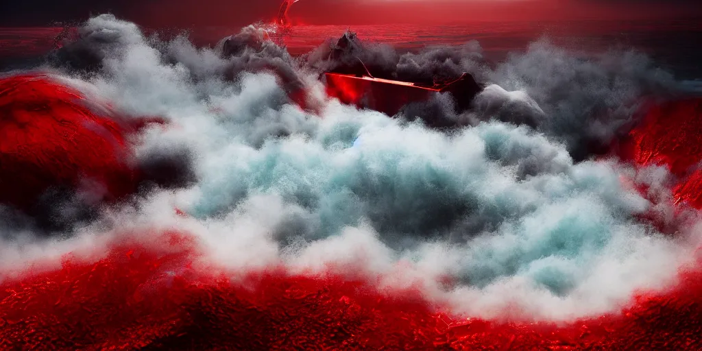 Image similar to a churning, boiling red sea with lots of smoky black and red steam, fantasy digital art, octane render, beautiful composition, trending on artstation, award-winning photograph, masterpiece