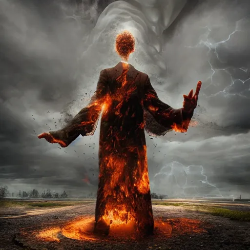 Image similar to Editorial Masterpiece extremely realistic Illusion Arcane elemental High Orders Avenging Dark Nephilim Virtues figure infused with coalesced fantasy crystalline Magical fire by Erik Johansson, perfect crisp light