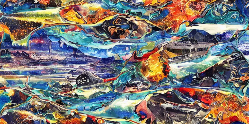 Image similar to river stars galaxy boat mountain phone car, collage artwork