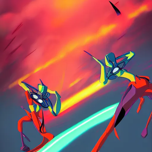 Image similar to Neon Genesis Evangelion battle by Lois van baarle with blazing clouds