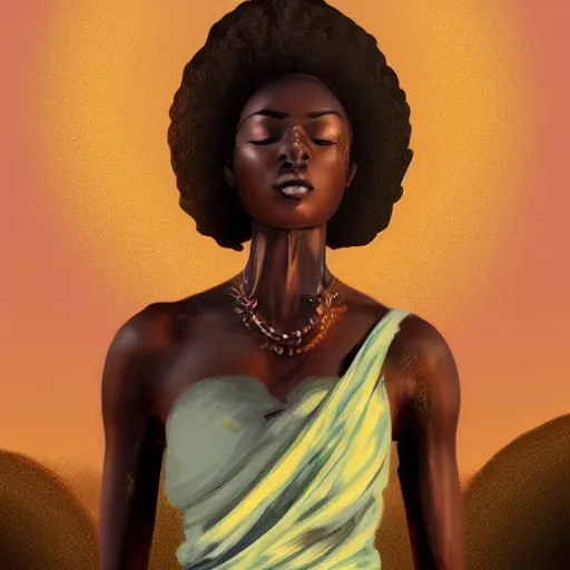 Image similar to a beautiful african woman meditating on a rock, beautiful face, pretty face, trending on artstation, digital art,