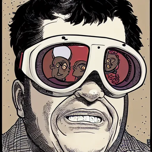 Image similar to close up portrait of goth nerd wearing goggles, by geof darrow, geof darrow art,