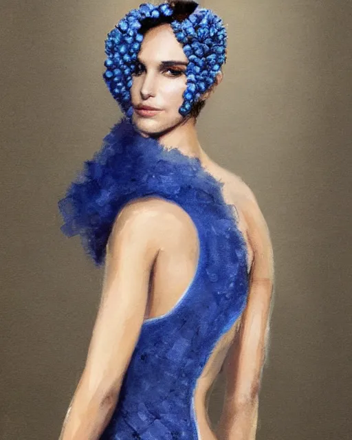 Prompt: nathalie portman at new york fashion week, in a risque outfit made from blue grapes, by greg rutkowski, high fashion, female beauty, intricate detail, elegance, sharp shapes, soft lighting, vibrant colors, masterpiece