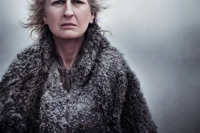 Image similar to a highly detailed cinematic headshot portrait of a frozen middle aged woman stood in a field, field on fire, ultra realistic, depth, beautiful lighting, by annie leibovitz, photorealistic, hyperrealistic, octane, masterpiece