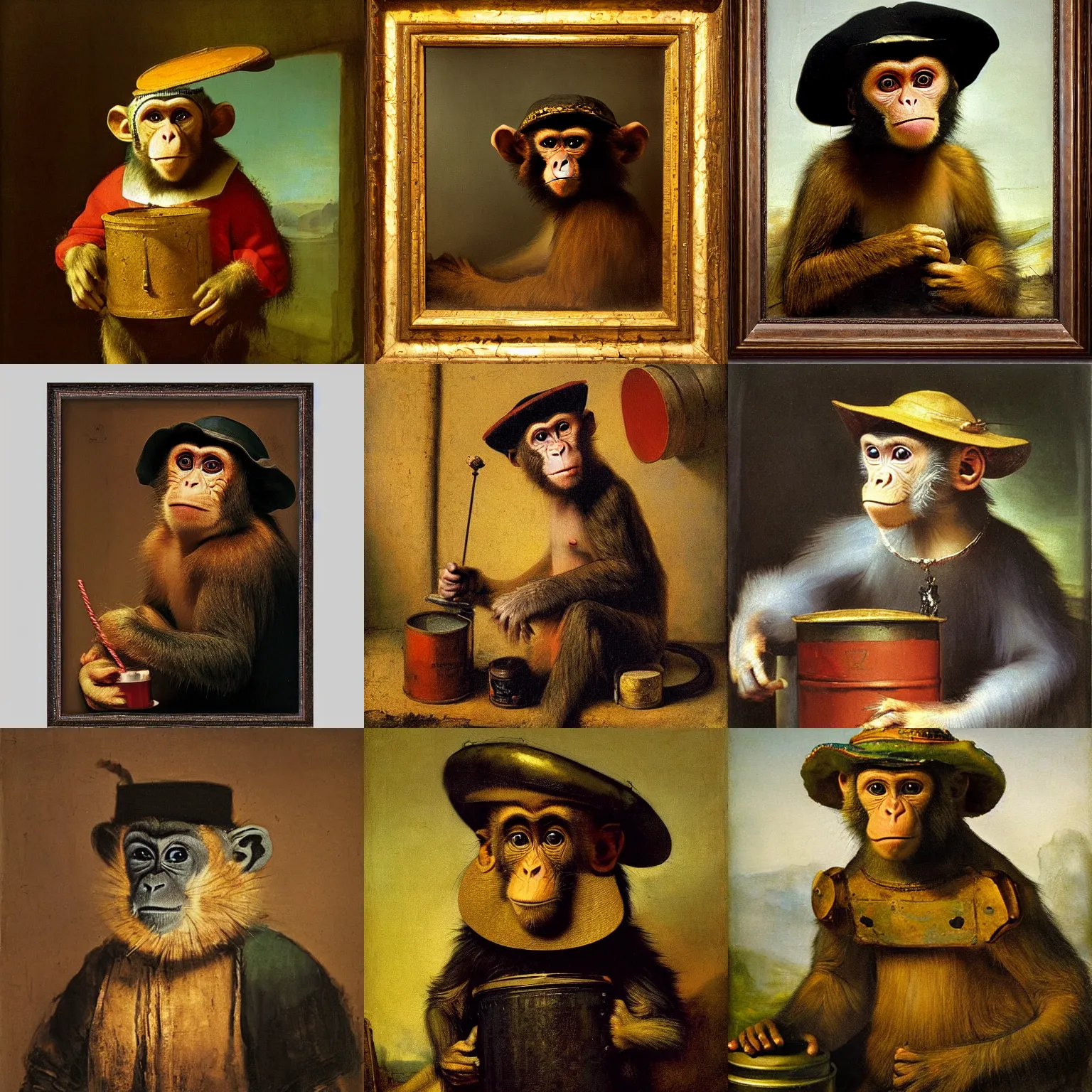 Prompt: a monkey wearing a tin can for hat and disney shirt, renaissance frameless oil painting rembrandt